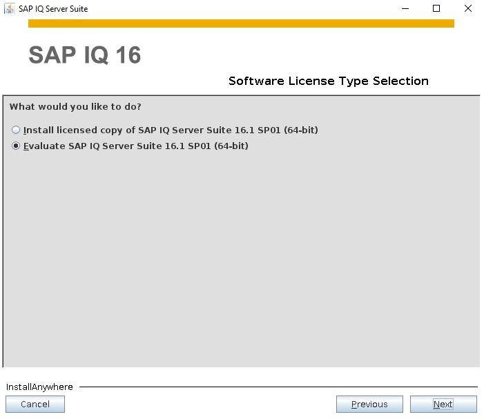 License type selection screen for SAP IQ 16 with options to install or evaluate.