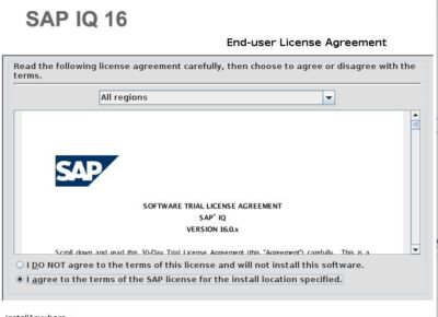SAP IQ 16 license agreement window with agreement options.