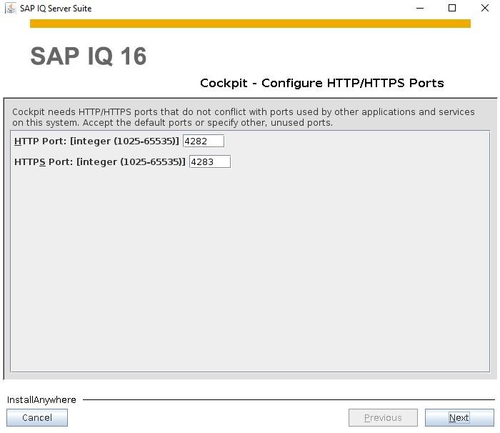 Port configuration screen for SAP IQ 16 Cockpit with default HTTP (4282) and HTTPS (4283) ports.