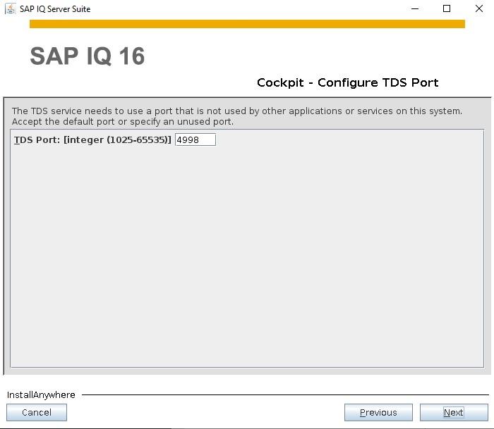 TDS port configuration screen for SAP IQ 16 Cockpit with default port 4998.