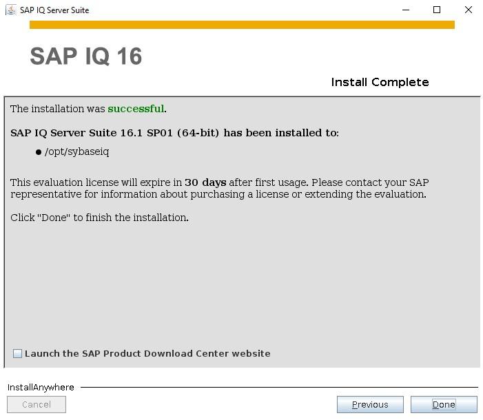Installation completion screen for SAP IQ 16, confirming success and displaying the installation path.