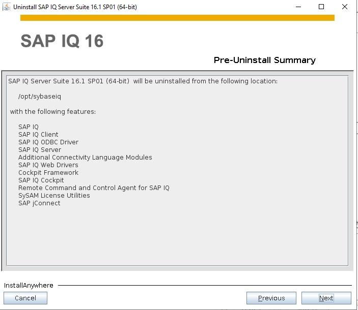 Pre-uninstall summary screen for SAP IQ 16, listing features to be removed and the installation path.