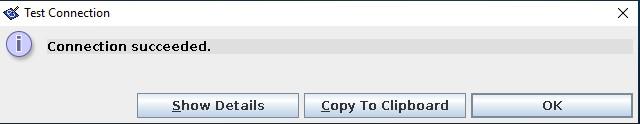 Notification window indicating 'Connection succeeded' with options to show details, copy to clipboard, or confirm with OK.